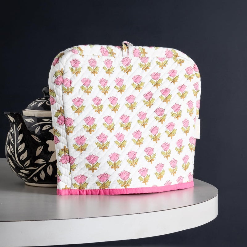 EYAAS LIVE LIFE Eyaas Hand Block Printed Cotton Quilted Tea Cozy Tea Pot Cover Kettle Warmer Kitchen Accessories Table Setting Gifts for Tea Lovers 9 x 115 inches Pink White  - Image 1