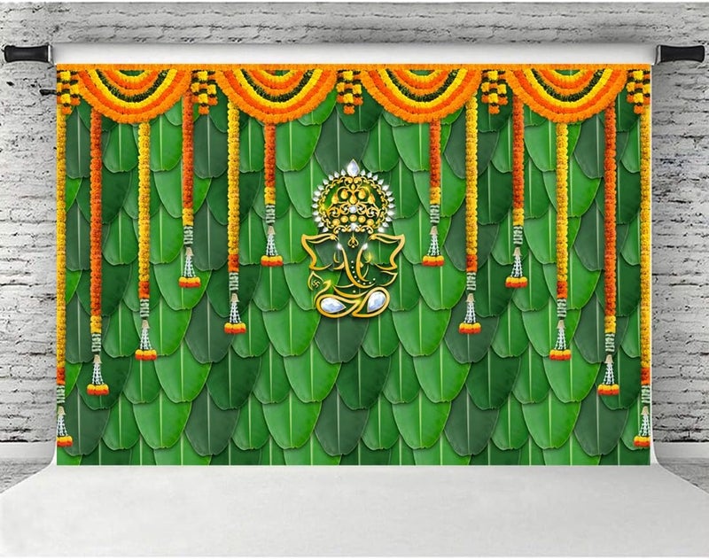 ARS Pooja Backdrop Decoration Cloth Items Indian Ganpati Puja Traditional Chatiya Ganesh Mehndi Photography Background Festival Wedding Party Marigold Garlands Photo Booth Props Banner 5x3ft - Image 3