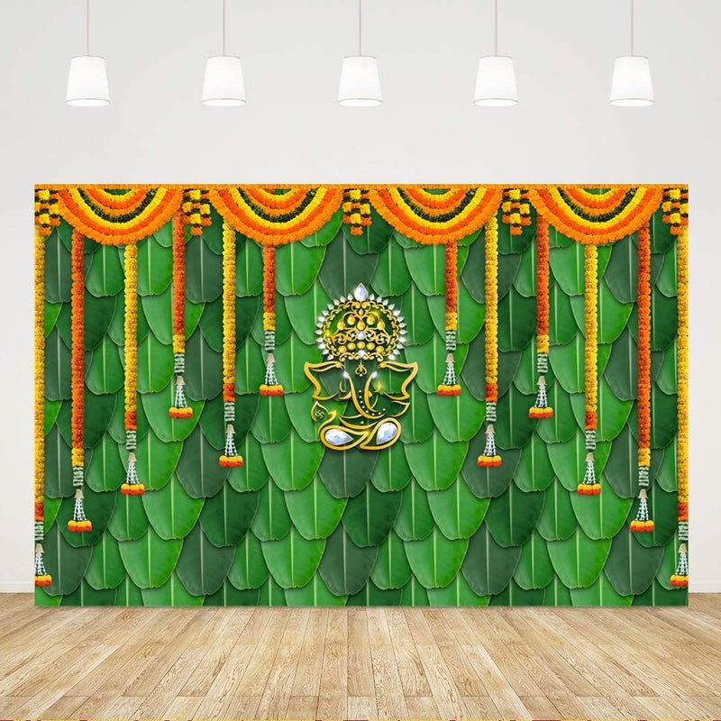 ARS Pooja Backdrop Decoration Cloth Items Indian Ganpati Puja Traditional Chatiya Ganesh Mehndi Photography Background Festival Wedding Party Marigold Garlands Photo Booth Props Banner 5x3ft - Image 1