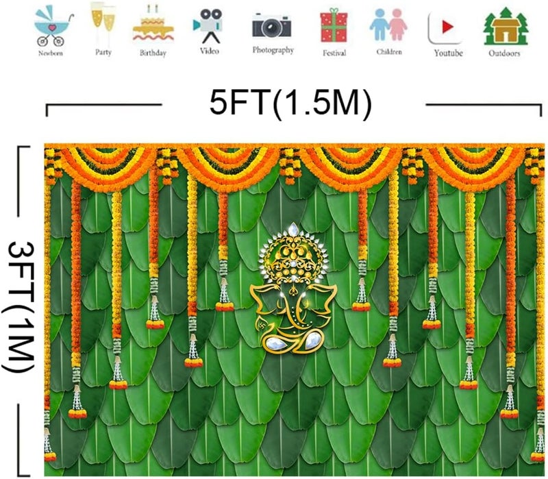 ARS Pooja Backdrop Decoration Cloth Items Indian Ganpati Puja Traditional Chatiya Ganesh Mehndi Photography Background Festival Wedding Party Marigold Garlands Photo Booth Props Banner 5x3ft - Image 2
