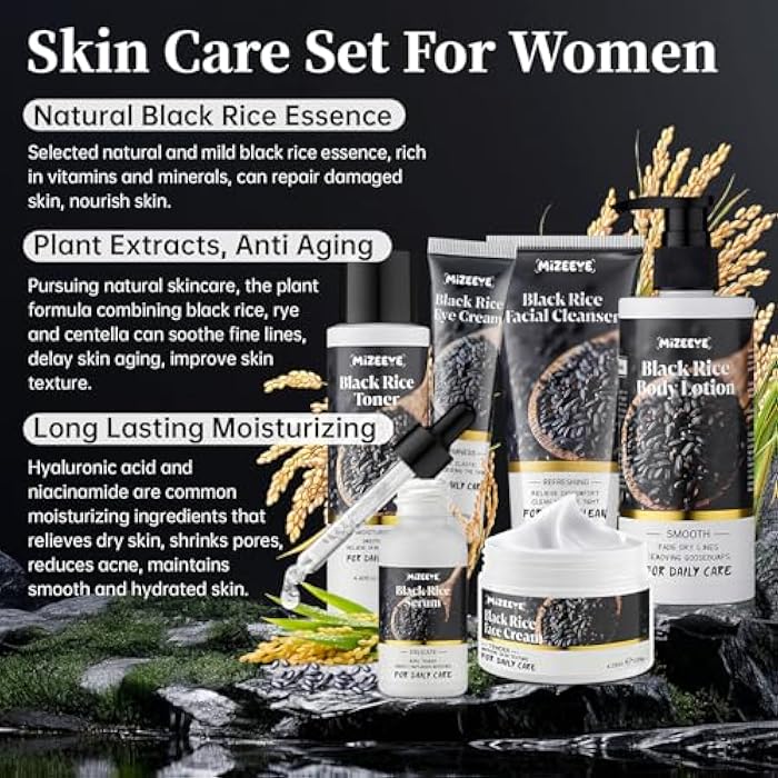 MIZEEYE Natural Black Rice Skin Care Routine Set For Women, Anti Aging Face Kit With Face Wash, Toner, Serum, Body Lotion, Cream, Eye Cream, 6 PCS Skin Care Gift Set For All Skin Types, Acne, Fine Lines - Image 2