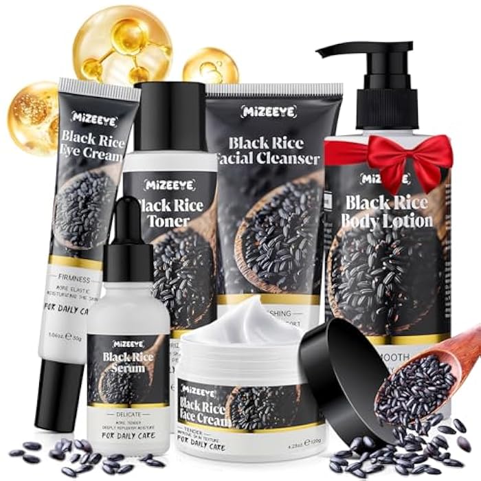MIZEEYE Natural Black Rice Skin Care Routine Set For Women, Anti Aging Face Kit With Face Wash, Toner, Serum, Body Lotion, Cream, Eye Cream, 6 PCS Skin Care Gift Set For All Skin Types, Acne, Fine Lines - Image 1