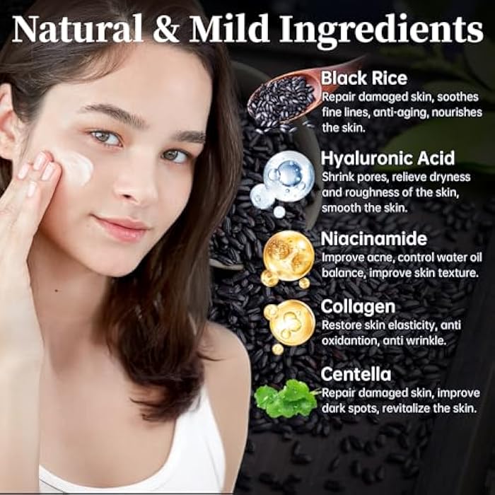 MIZEEYE Natural Black Rice Skin Care Routine Set For Women, Anti Aging Face Kit With Face Wash, Toner, Serum, Body Lotion, Cream, Eye Cream, 6 PCS Skin Care Gift Set For All Skin Types, Acne, Fine Lines - Image 3