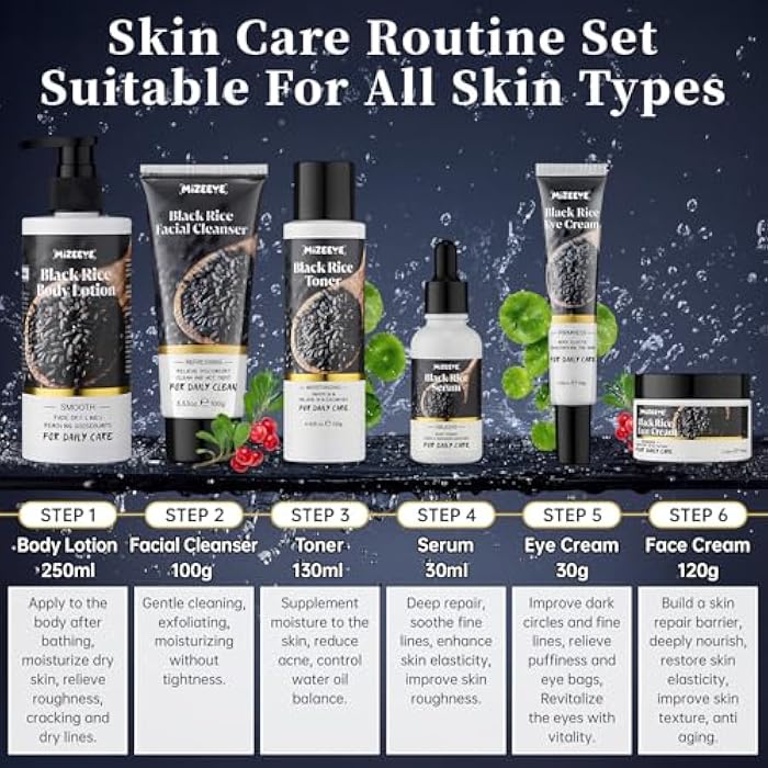MIZEEYE Natural Black Rice Skin Care Routine Set For Women, Anti Aging Face Kit With Face Wash, Toner, Serum, Body Lotion, Cream, Eye Cream, 6 PCS Skin Care Gift Set For All Skin Types, Acne, Fine Lines - Image 5