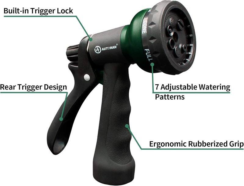 AUTOMAN -Garden-Hose-Nozzle, ABS Water Spray Nozzle with 7 Adjustable Watering Patterns, Slip Resistant for Watering Plants, Lawn& Garden, Washing Cars, Cleaning, Showering Pets & Outdoor Fun. - Image 2