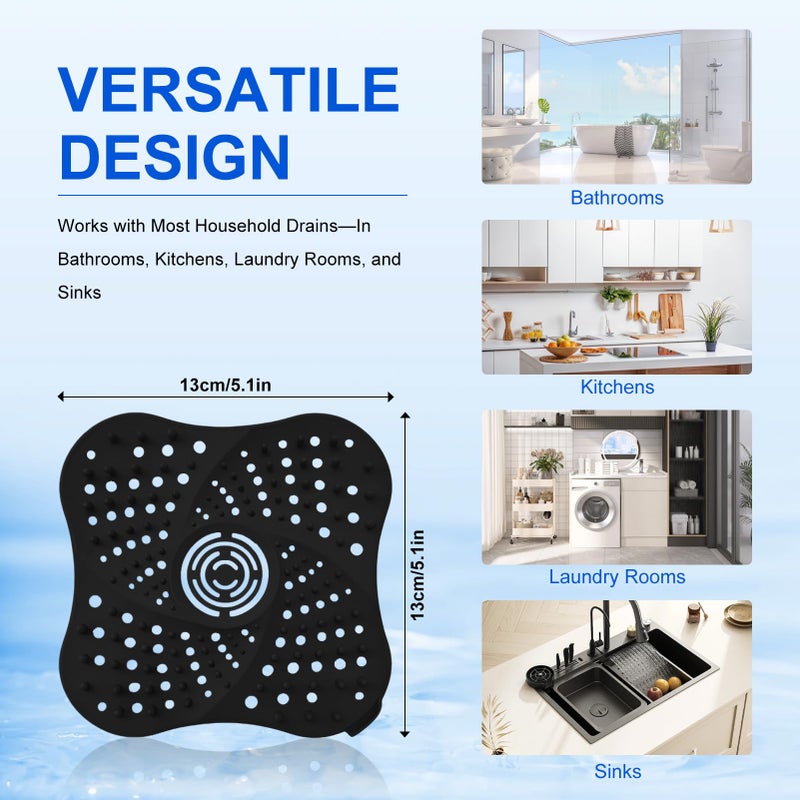 echosari 4 Pack Shower Drain Hair Catcher, Premium Silicone Shower Hair Catcher with Suction Cup for Regular Drains of Shower Kitchen Bathtub Bathroom (Black/White/Gray/Blue) - Image 2