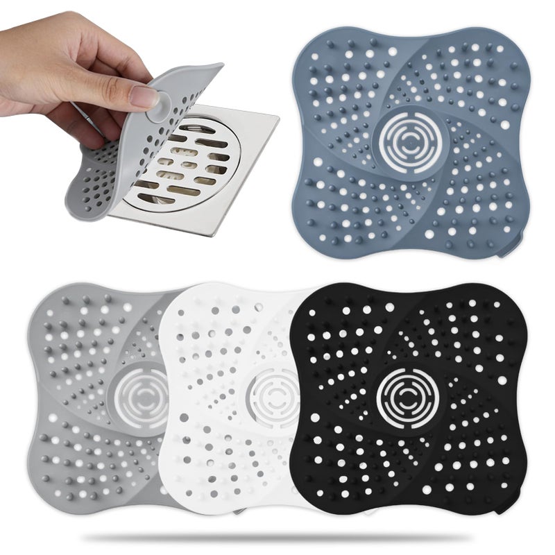 echosari 4 Pack Shower Drain Hair Catcher, Premium Silicone Shower Hair Catcher with Suction Cup for Regular Drains of Shower Kitchen Bathtub Bathroom (Black/White/Gray/Blue) - Image 1