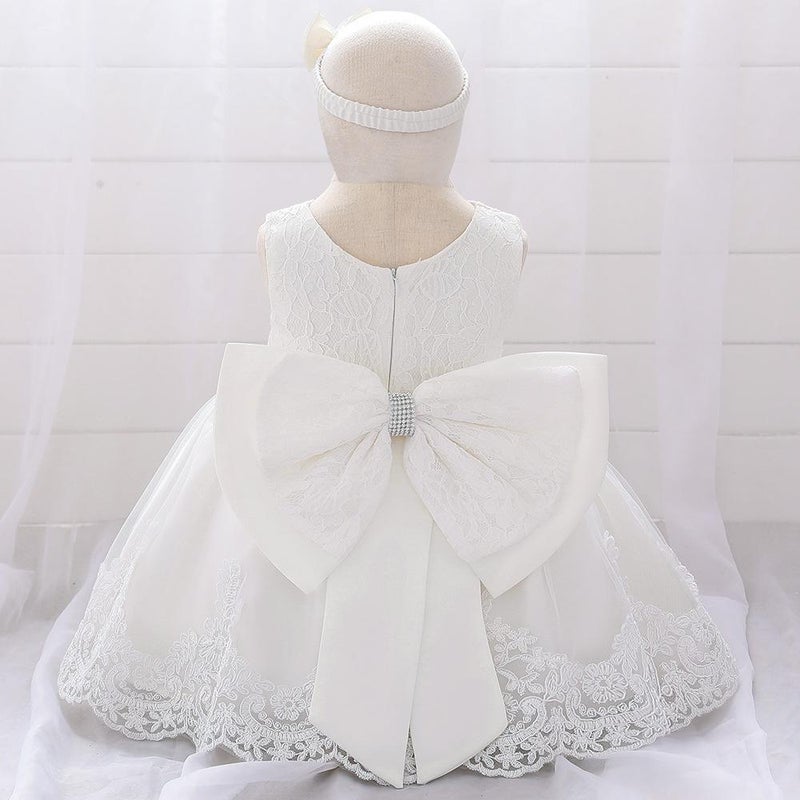 Amazon Baby Dress Big Bow Lace Wedding Princess Dress Baby One Year Old Wash Dress Hair Belt L1911XZ-White 