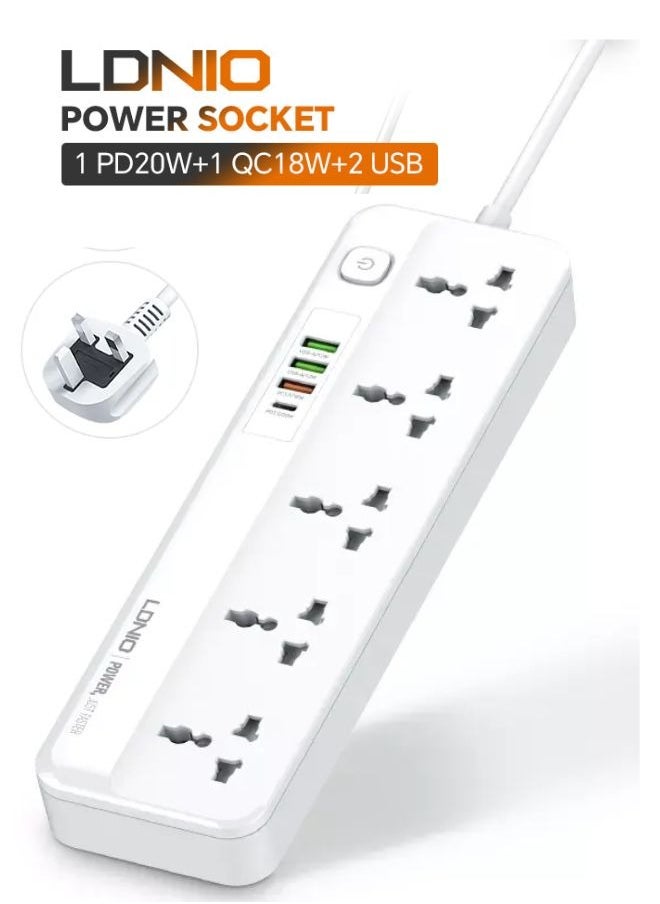 LDNIO 5 Universal Power Extension Cord with Multi Sockets Outlets Compatible With UK/UAE Plug, 3 Auto ID USB PD Ports For Mobile Charging, And 2m Extension Cord for Home, Office, Dorm Essentials  - Image 1