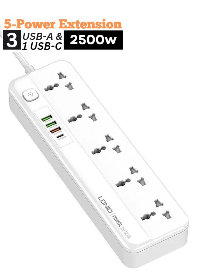 5 Universal Power Extension Cord with Multi Sockets Outlets Compatible With UK/UAE Plug, 3 Auto ID USB PD Ports For Mobile Charging, And 2m Extension Cord for Home, Office, Dorm Essentials 