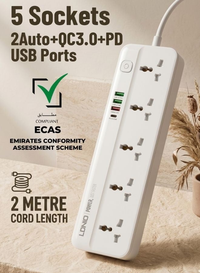 5 Universal Power Extension Cord with Multi Sockets Outlets Compatible With UK/UAE Plug, 3 Auto ID USB PD Ports For Mobile Charging, And 2m Extension Cord for Home, Office, Dorm Essentials