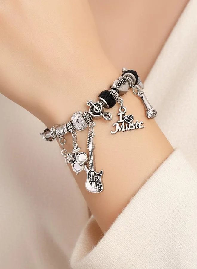 تايك تو Silver Tone Music Charms and Rhinestone Embellished Bracelet