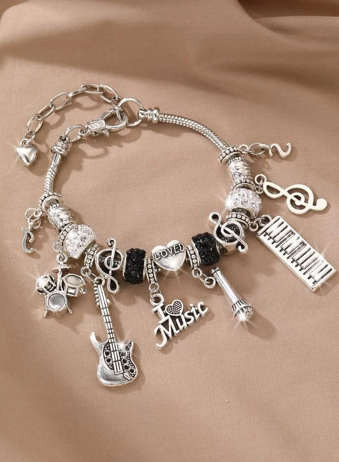 تايك تو Silver Tone Music Charms and Rhinestone Embellished Bracelet