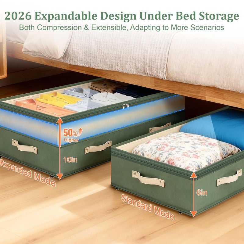 Dolicer 2 Pack Under Bed Storage with Wheels, 6in-10in Height Adjustable Underbed Storage Containers, 92L XXXL Under Bed Drawers Rolling Bin with Clear Lids for Dorm Shoes Clothes Organizers(Green) - Image 2