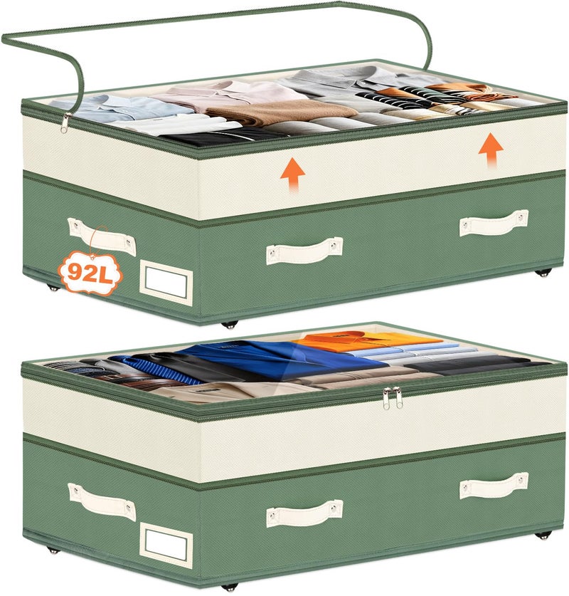 Dolicer 2 Pack Under Bed Storage with Wheels, 6in-10in Height Adjustable Underbed Storage Containers, 92L XXXL Under Bed Drawers Rolling Bin with Clear Lids for Dorm Shoes Clothes Organizers(Green) - Image 1