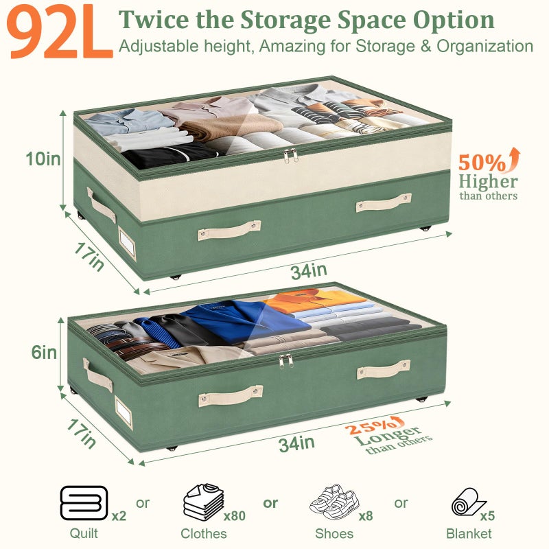 Dolicer 2 Pack Under Bed Storage with Wheels, 6in-10in Height Adjustable Underbed Storage Containers, 92L XXXL Under Bed Drawers Rolling Bin with Clear Lids for Dorm Shoes Clothes Organizers(Green) - Image 3