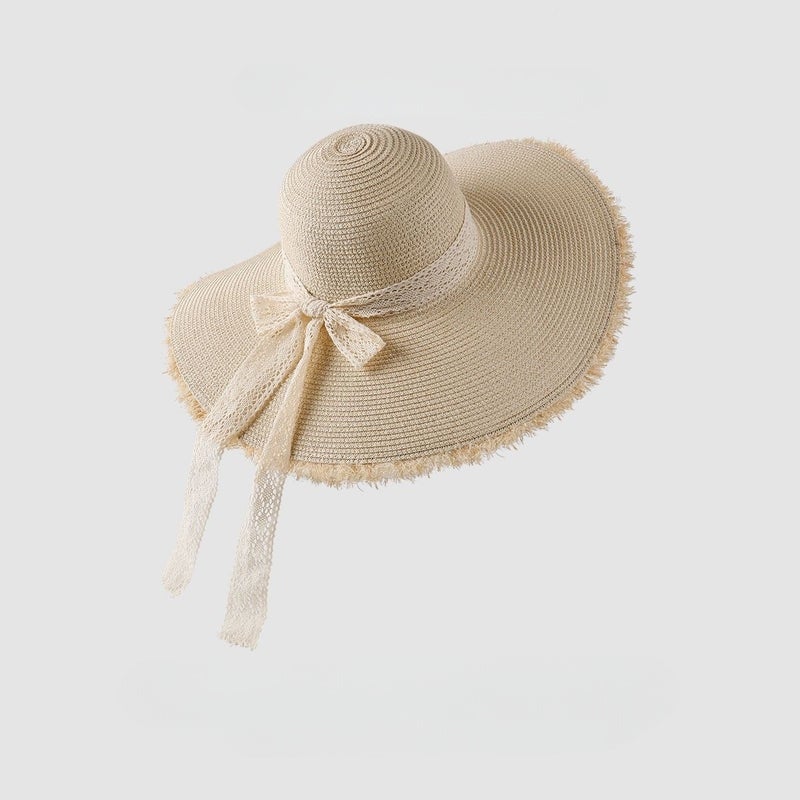 New French Flat Top Hat for Women - Large Size Beach Holiday Sun Hat with Wide Brim