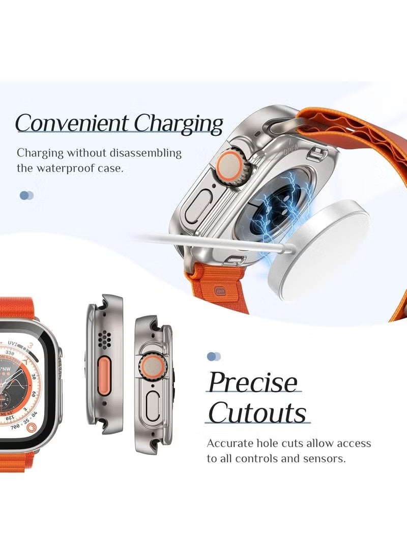 جراب حماية مقاوم للماء 2 في 1 لساعة أبل ووتش ألترا 3/2/1، واقي شاشة 49 مم، غطاء حماية كامل نحيف بزاوية 360 درجة من الزجاج المقسى + إطار خلفي صلب من البولي كربونات لساعة iWatch Ultra 3/Ultra 2/Ultra، مقاس 49 مم من التيتانيوم. - Image 3
