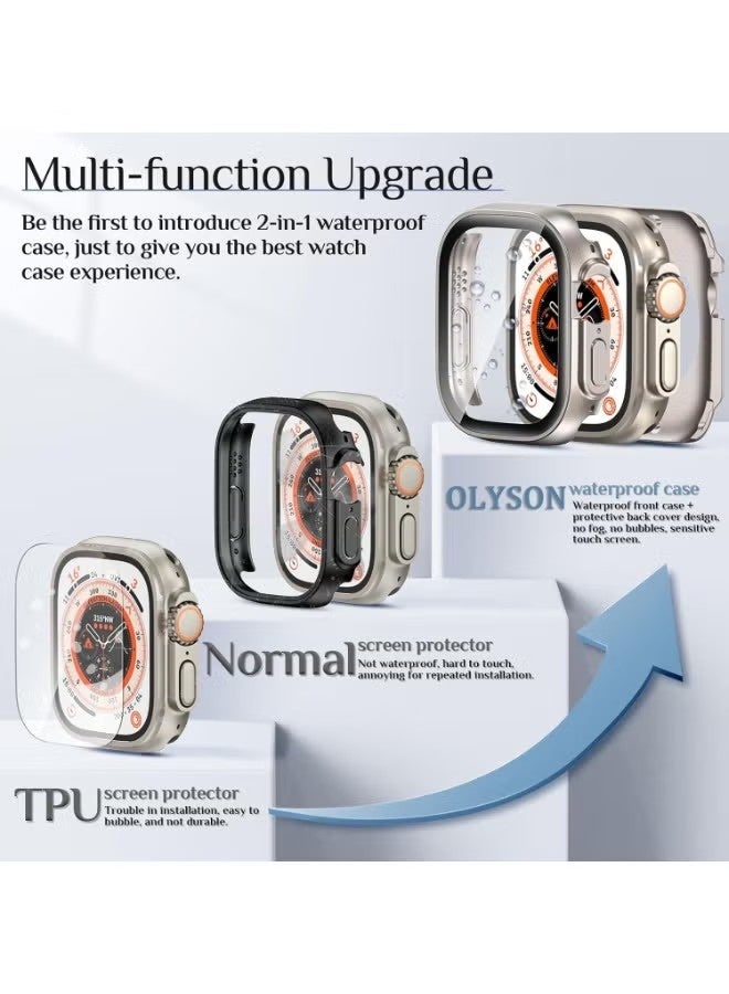 جراب حماية مقاوم للماء 2 في 1 لساعة أبل ووتش ألترا 3/2/1، واقي شاشة 49 مم، غطاء حماية كامل نحيف بزاوية 360 درجة من الزجاج المقسى + إطار خلفي صلب من البولي كربونات لساعة iWatch Ultra 3/Ultra 2/Ultra، مقاس 49 مم من التيتانيوم. - Image 4
