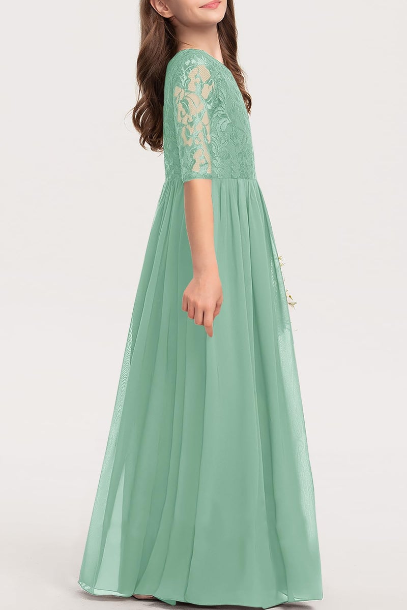 HOSIKA Flower Girls Dress High Waist A-Line Lace Wedding Junior Bridesmaid Maxi Dresses Light Green 12-13 Years - Image 3