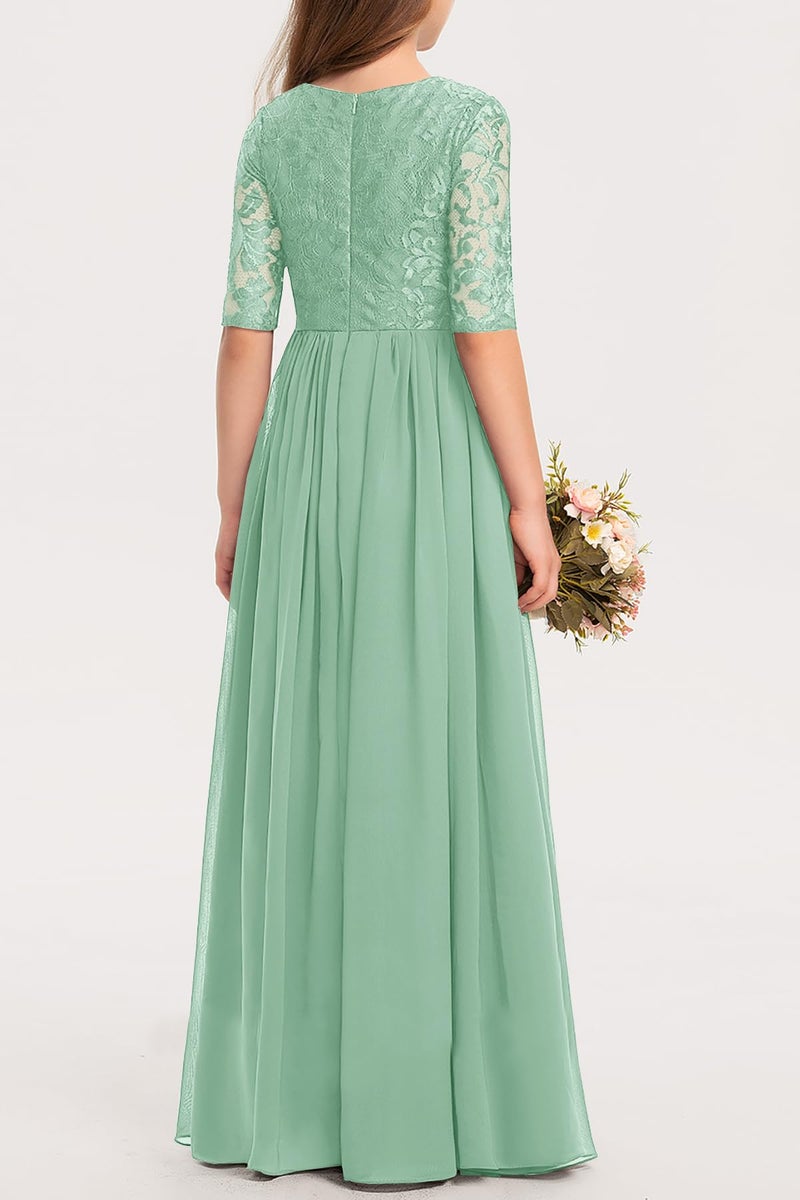 HOSIKA Flower Girls Dress High Waist A-Line Lace Wedding Junior Bridesmaid Maxi Dresses Light Green 12-13 Years - Image 4