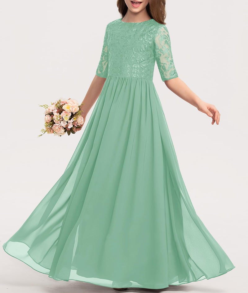 HOSIKA Flower Girls Dress High Waist A-Line Lace Wedding Junior Bridesmaid Maxi Dresses Light Green 12-13 Years - Image 2