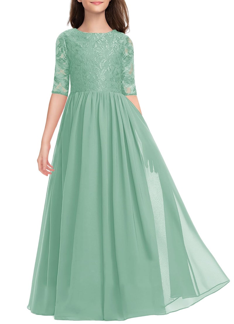 HOSIKA Flower Girls Dress High Waist A-Line Lace Wedding Junior Bridesmaid Maxi Dresses Light Green 12-13 Years - Image 1