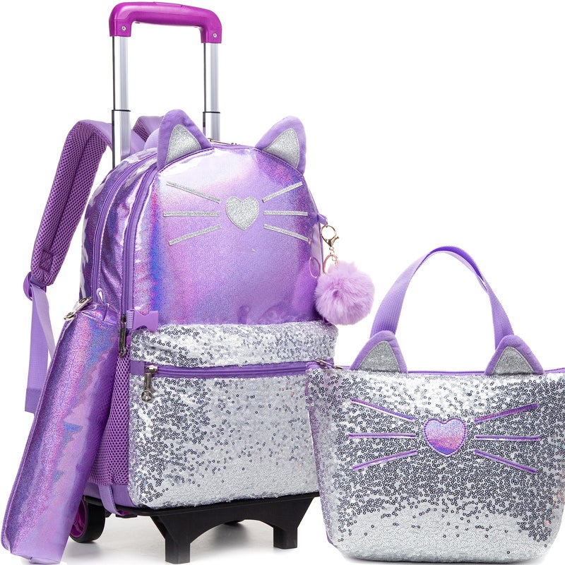 Meetbelify Cute Cat Rolling Backpack for Girls Backpacks with Wheels for Elementary Kindergarten Purple Roller Backpack on Wheels with Lunch Box Set for Girls 68 - Image 2