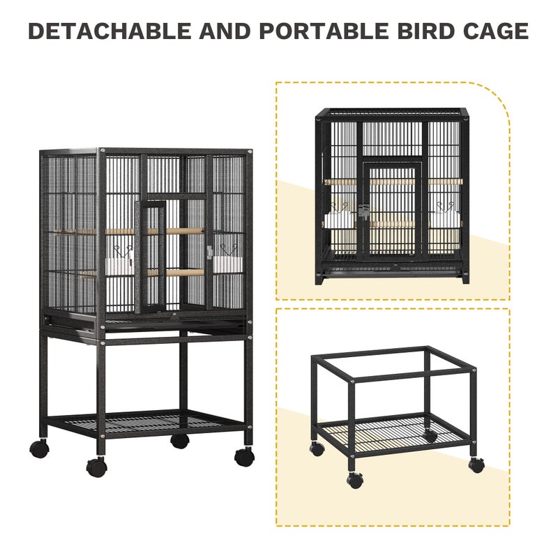 DWVO 41-inch Metal Bird Cage: Large Parrot Cages with Rolling Standâ€‹ - Features Tray, Food Boxes & Wooden Perches for Parakeets, Lovebirds, Cockatiels, Finches and Pigeons, Black - Image 5