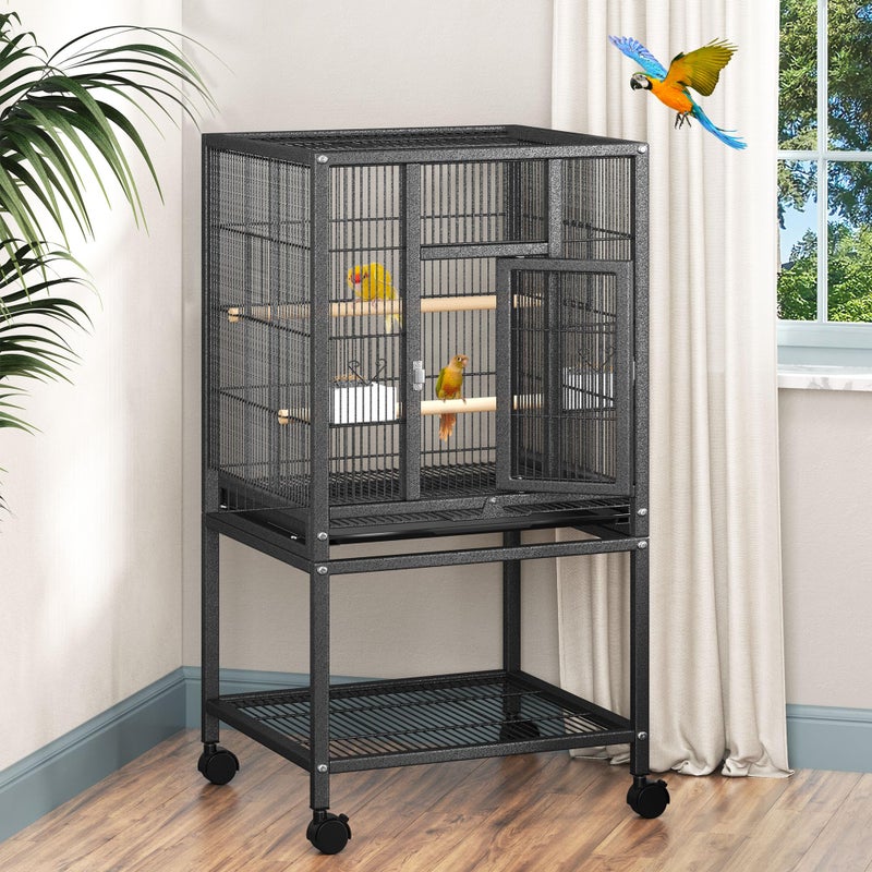 DWVO 41-inch Metal Bird Cage: Large Parrot Cages with Rolling Standâ€‹ - Features Tray, Food Boxes & Wooden Perches for Parakeets, Lovebirds, Cockatiels, Finches and Pigeons, Black - Image 1