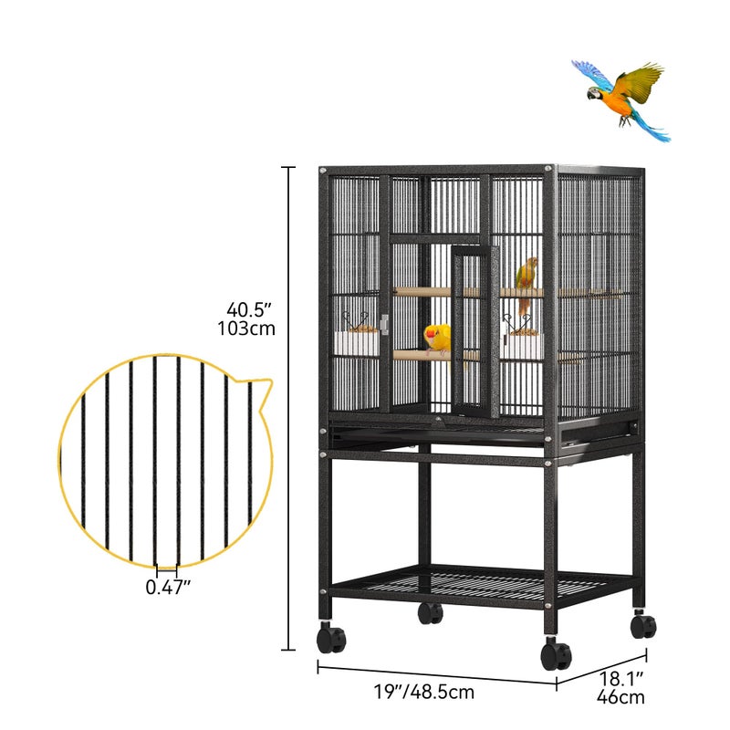 DWVO 41-inch Metal Bird Cage: Large Parrot Cages with Rolling Standâ€‹ - Features Tray, Food Boxes & Wooden Perches for Parakeets, Lovebirds, Cockatiels, Finches and Pigeons, Black - Image 2
