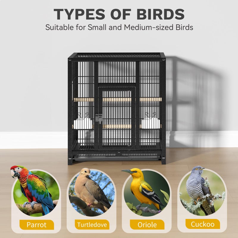 DWVO 41-inch Metal Bird Cage: Large Parrot Cages with Rolling Standâ€‹ - Features Tray, Food Boxes & Wooden Perches for Parakeets, Lovebirds, Cockatiels, Finches and Pigeons, Black - Image 4
