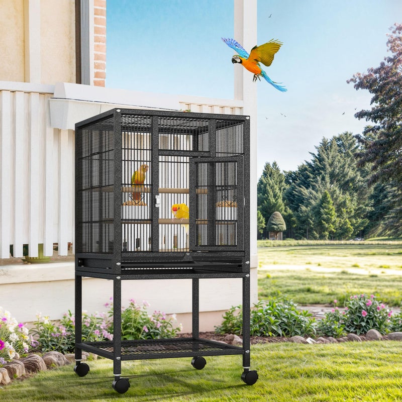 DWVO 41-inch Metal Bird Cage: Large Parrot Cages with Rolling Standâ€‹ - Features Tray, Food Boxes & Wooden Perches for Parakeets, Lovebirds, Cockatiels, Finches and Pigeons, Black - Image 3