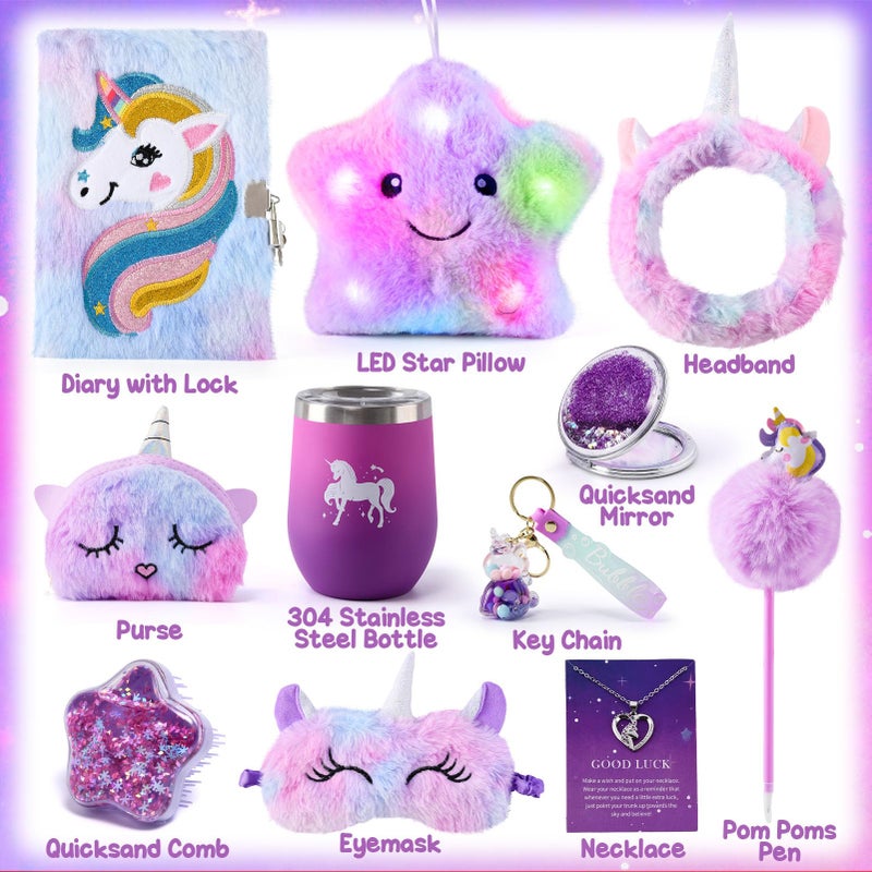 Tacobear Tacobear Unicorn Gifts for Girls Toys 6 7 8 9 10 Years  11pcs with Light up Star Pillow Plush Diary Tumbler Headband Mirror Comb  Birthday Christmas Teen Kid Girl Gift Unicorn Toys Aged 6+  - Image 2