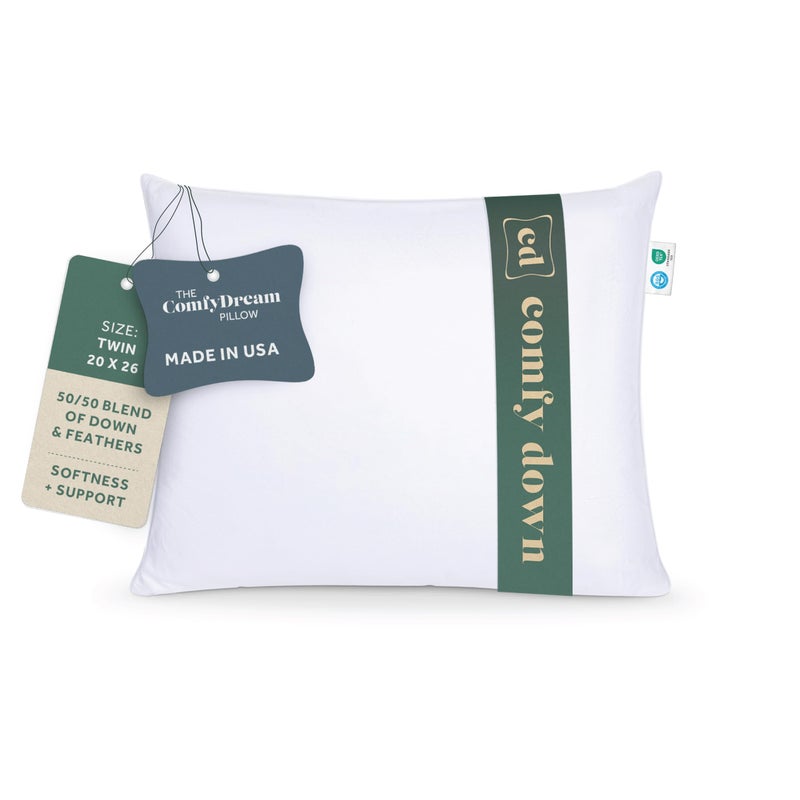 ComfyDown 5050 Down Feather Blend ComfyDream Bed Pillow for Sleeping Egyptian Cotton Cover Made in USA Twin Size Twin