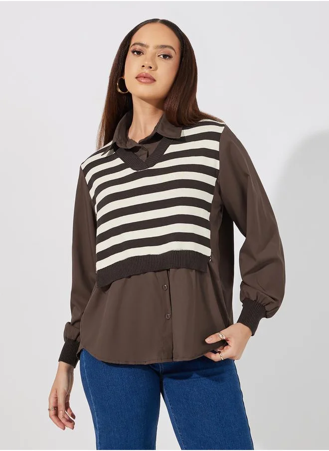 Styli Striped Knit 2in1 Style Cuffed Sleeves Shirt