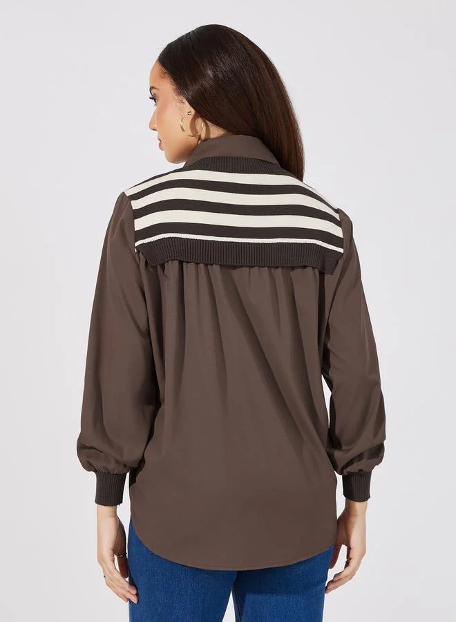 Styli Striped Knit 2in1 Style Cuffed Sleeves Shirt