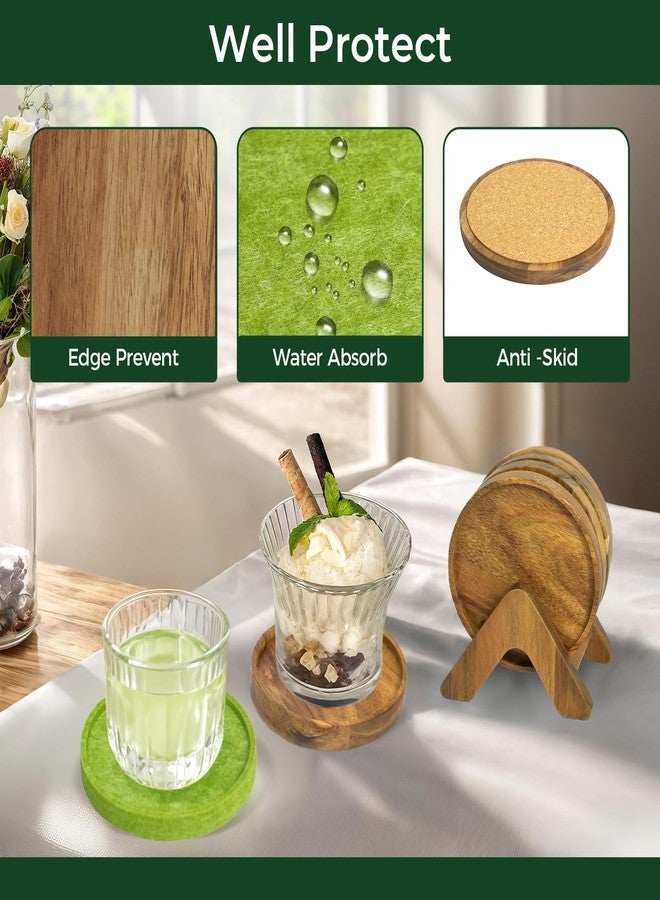 EVERBBKING Acacia Wood Coaster Set of 8 with Holder - Dual-Material Design (4 Wood & 4 Absorbent Felt Pads) - 3" Non-Slip Furniture Protectors for Coffee Table, Home Bar & Office, Round Coaster Set - Image 2