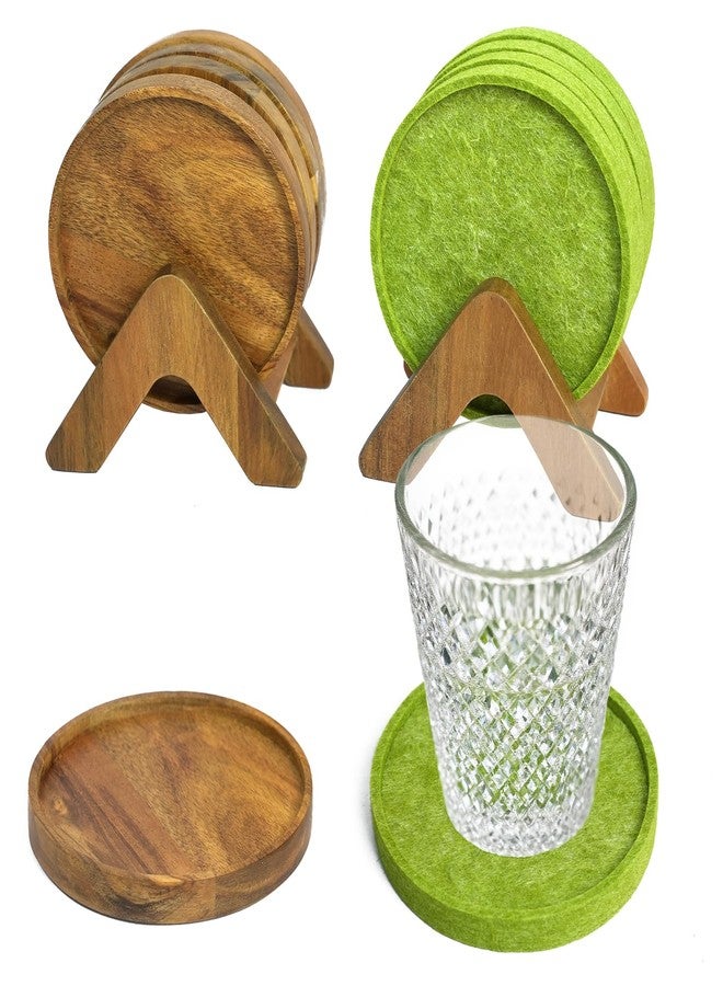 EVERBBKING Acacia Wood Coaster Set of 8 with Holder - Dual-Material Design (4 Wood & 4 Absorbent Felt Pads) - 3" Non-Slip Furniture Protectors for Coffee Table, Home Bar & Office, Round Coaster Set - Image 1