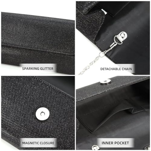Naimo Flap Dazzling Small Clutch Bag Evening Bag With Detachable Chain (Black) - Image 5