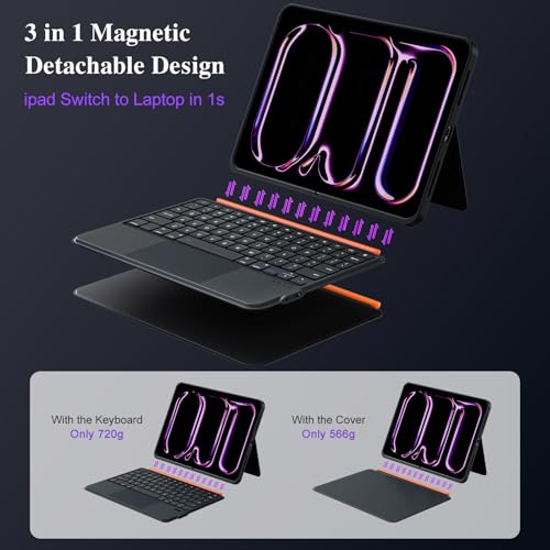 DANCESOUL iPad Pro 13 inch Case with Keyboard (M5 2025, M4 2024), Flex Magnetic Detachable Backlit Keyboard Case, Larger Multi-Trackpad, Landscape/Portrait, 160° Adjustable Stand, Slim Protective Case (Black) - Image 4