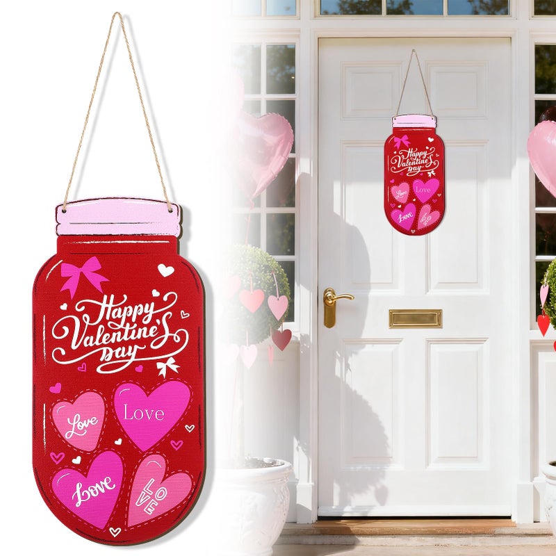 Bigmeta Valentines Day Decorations for Front Door - 8"x16" Large Mason Jar Wooden Hanging Sign with Rope, Rustic Farmhouse Plaque Sign for Home Wall Window Porch Decor - Image 1