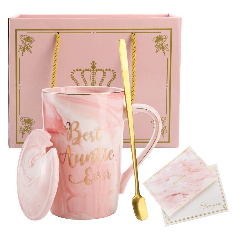 Hedume Best Auntie Ever Mug 12 Oz Pink Marble Ceramic Coffee Cup with Gifts Box and Greeting Card Aunt Gifts from Niece and Nephew Funny Birthday Presents for Aunty