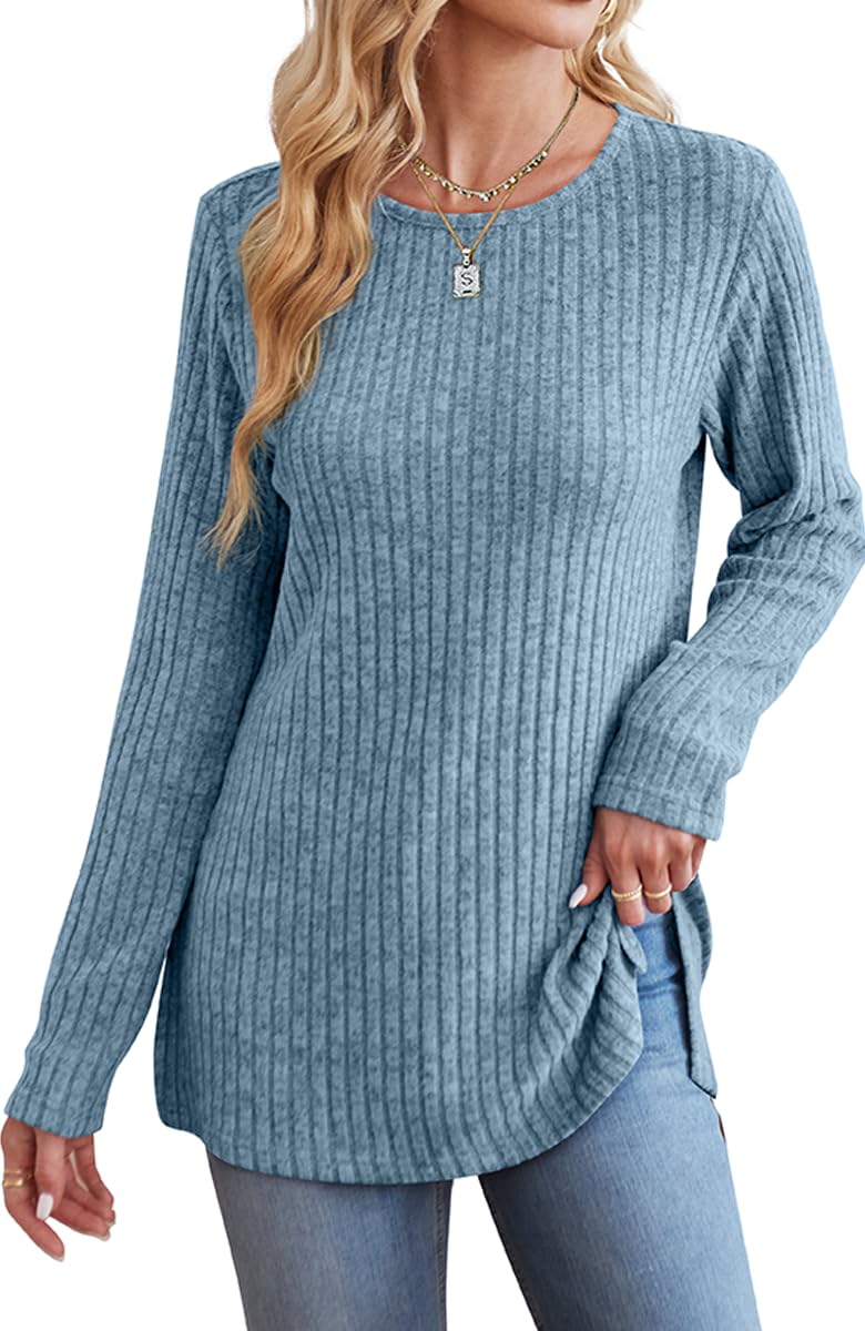 Jescakoo Plus Size Sweaters for Women Crew Neck Long Sleeve Shirts Fall Clothes Blue 3XL - Image 3