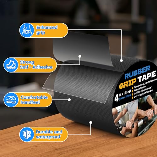 Xfenvs Rubber Grip Tape, 4 in x 12 Ft Black Ultra-Thin Strong Adhesive Non-Slip Tape, Anti-Slip Grip Tape for Handles, Waterproof Heat Resistant Cushion Grip, Comfortable in Hands - Image 2