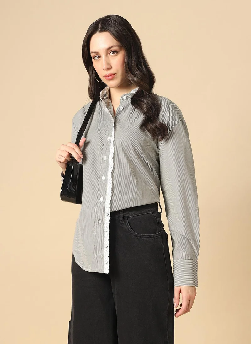 globus Globus Women Black Mandarin Collar Cuffed Sleeves Vertical Stripes Lace Insert Curved Hem Oversized Workwear Shirt