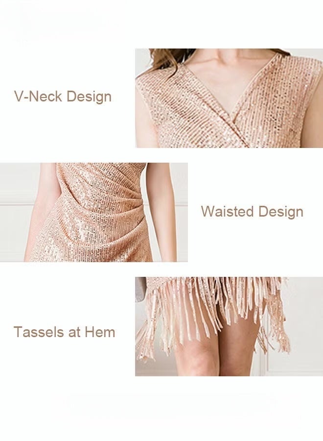 Banquet Party Dress for Women Evening Dresses V Neck Sequins Knee-Length Sleeveless Prom Ball Gown Wedding Elegant Slim formal Dresses Bridesmaid Dress Champagne - Image 3