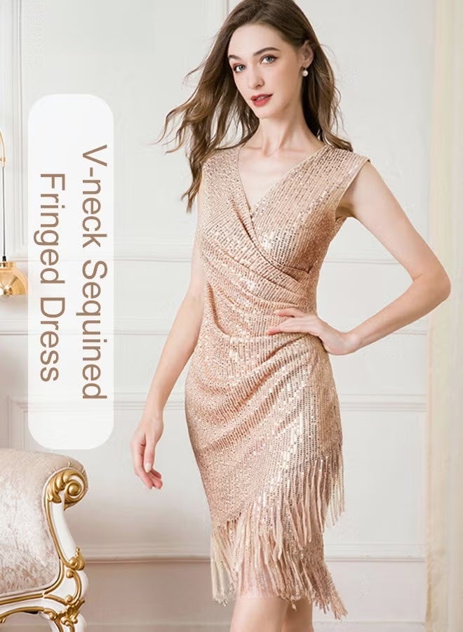Banquet Party Dress for Women Evening Dresses V Neck Sequins Knee-Length Sleeveless Prom Ball Gown Wedding Elegant Slim formal Dresses Bridesmaid Dress Champagne - Image 4
