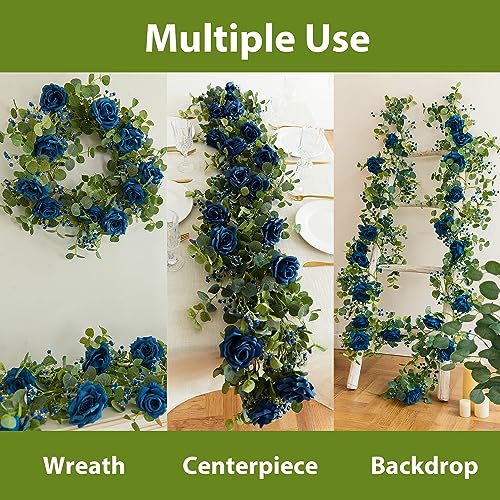 Anna's Whimsy 5.91FT Artificial Eucalyptus Garland with Flowers, Fake Rose Gypsophila Garland, Faux Floral Garlands for Wedding Spring Home Party Craft Art Table Runner Decor (Blue, 1) - Image 3