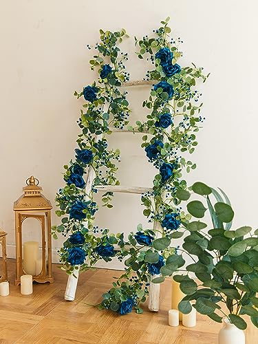 Anna's Whimsy 5.91FT Artificial Eucalyptus Garland with Flowers, Fake Rose Gypsophila Garland, Faux Floral Garlands for Wedding Spring Home Party Craft Art Table Runner Decor (Blue, 1) - Image 5